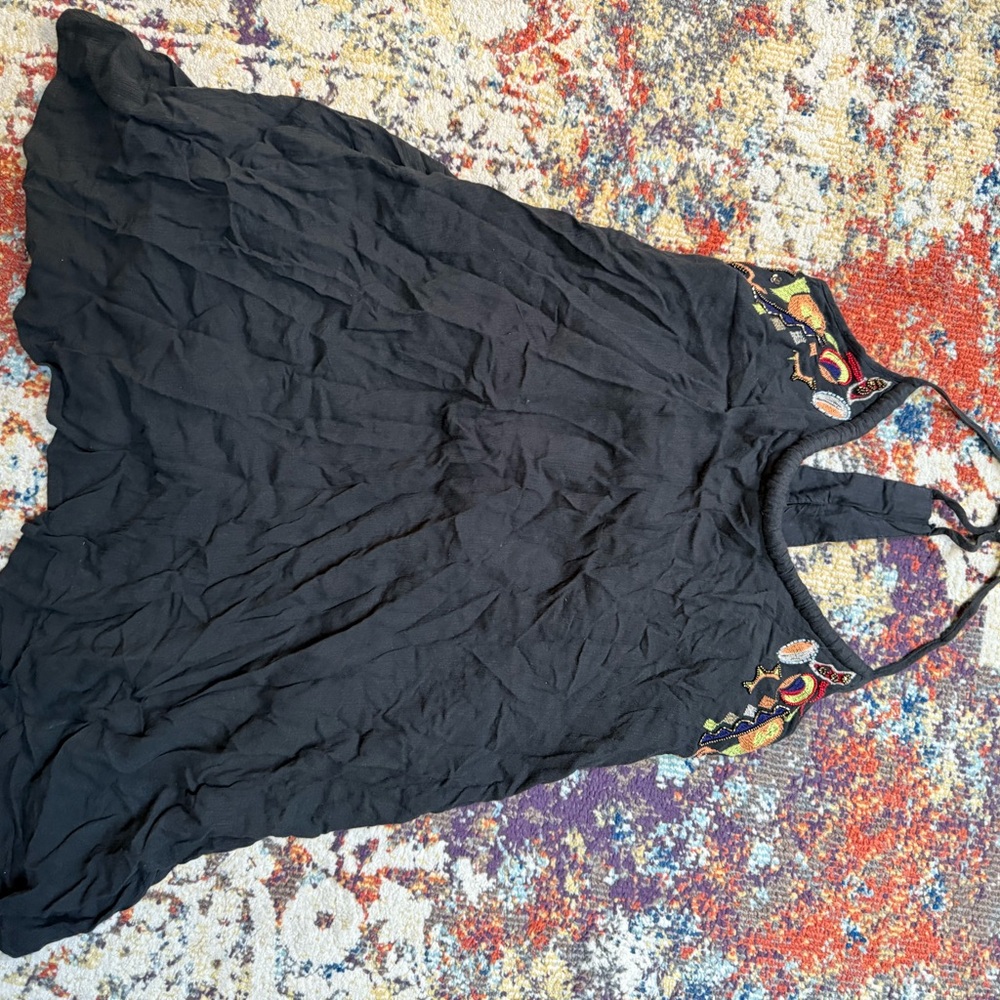 Embroidered Black Halter Dress